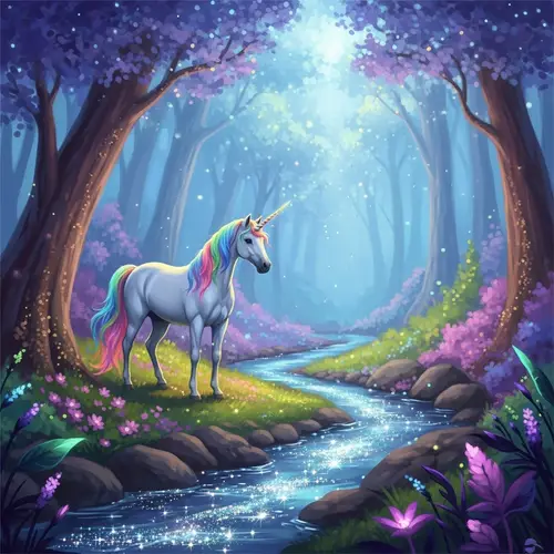 Mystical Forest with White Unicorn - Fantasy Dream Painting