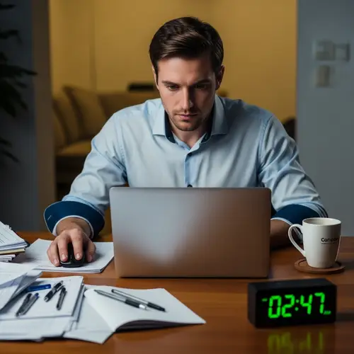 Focused Caucasian Male at Cluttered Workspace with Clock | Work Scene