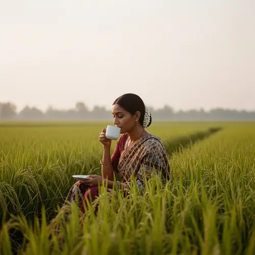 Tranquil South Asian Woman Sipping Coffee in Serene Rice Field