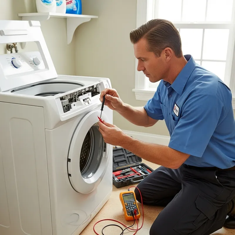Caucasian Male Service Person Inspecting Washing Machine Lid Switch
