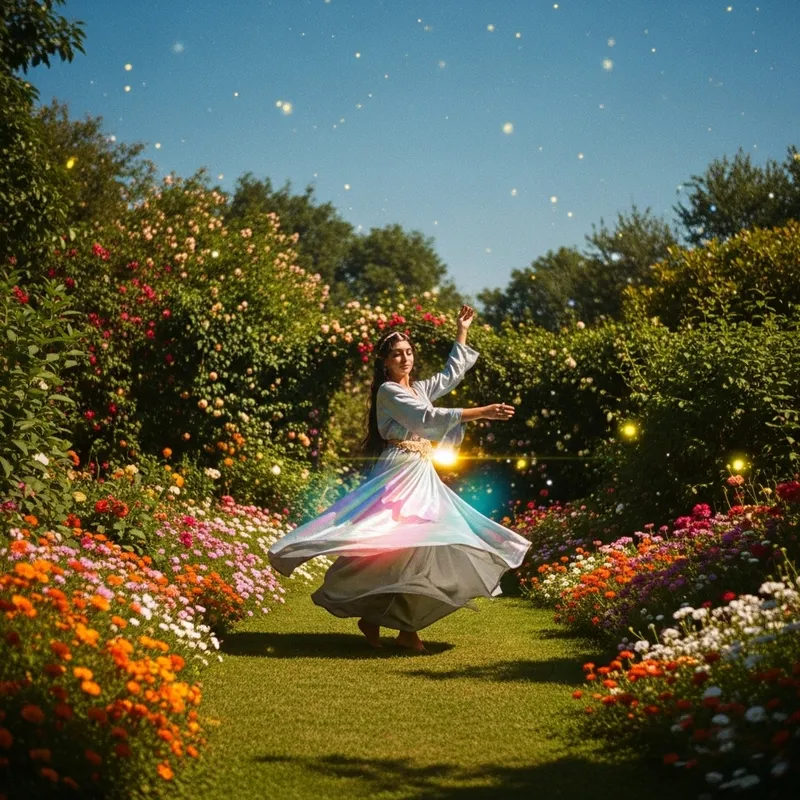 Dreamy Dance of a Woman in a Lush Garden