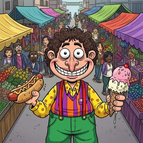 Colorful Cartoon Character in Market Scene - Fun Illustration