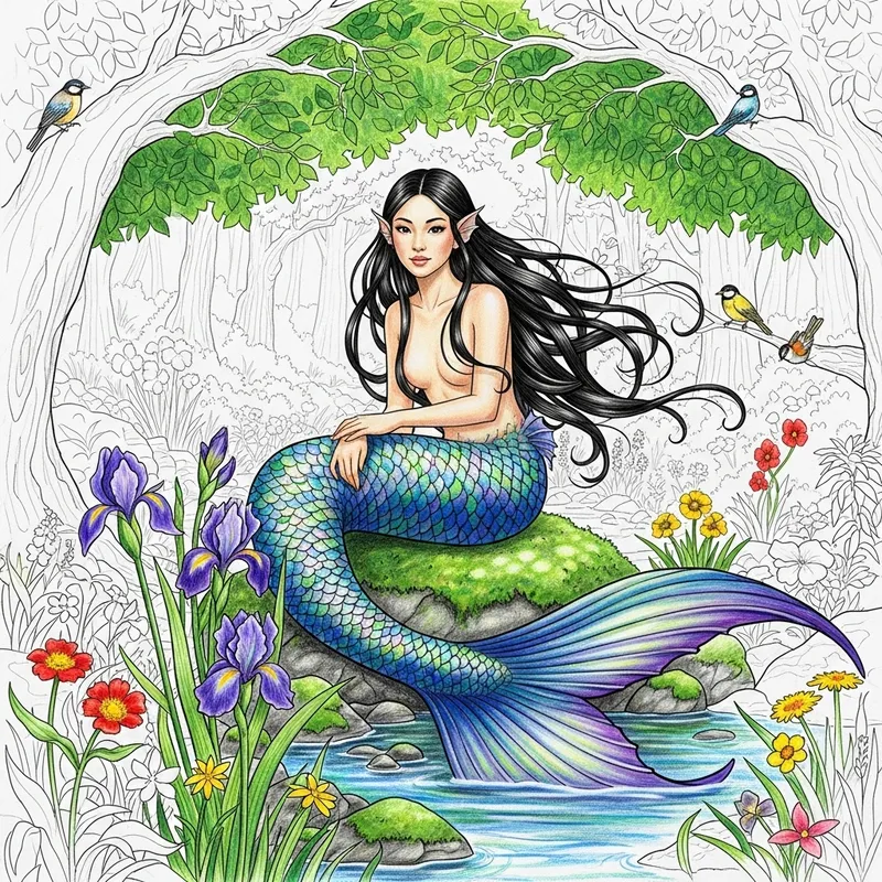 Create Asian Mermaid in Forest with Birds, Flowers, and Irises