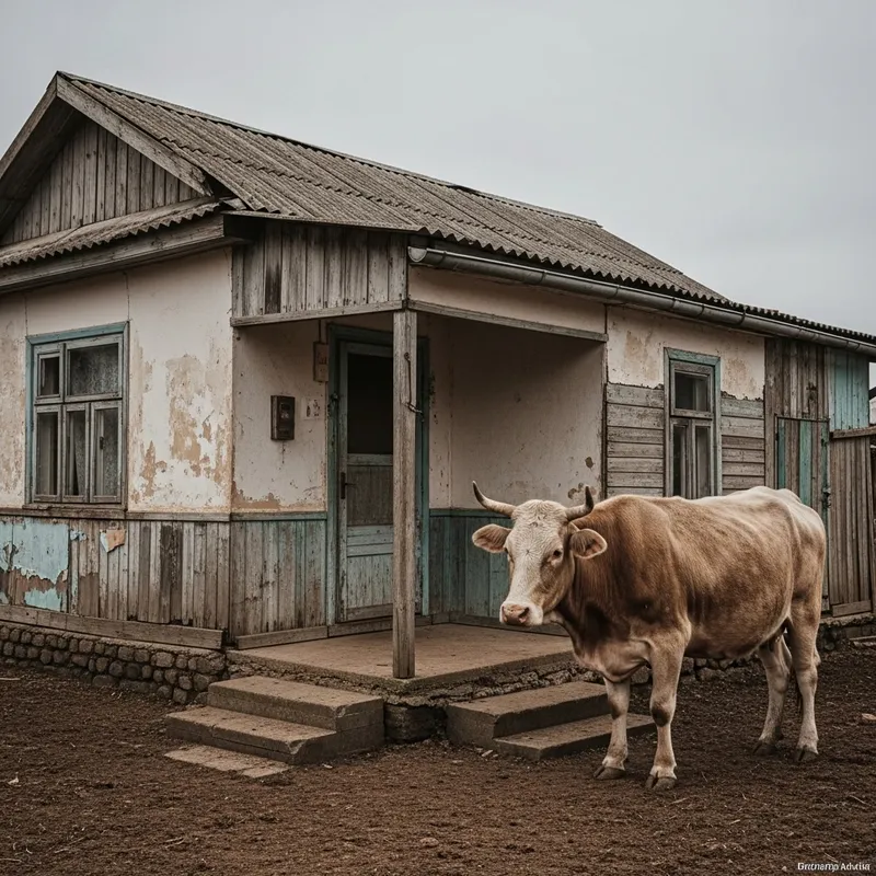 Struggling Scenes: Aged House and Weary Cow
