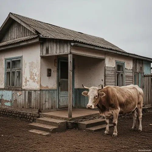 Struggle and Survival Depicted: Worn-Out House Beside Old Cow