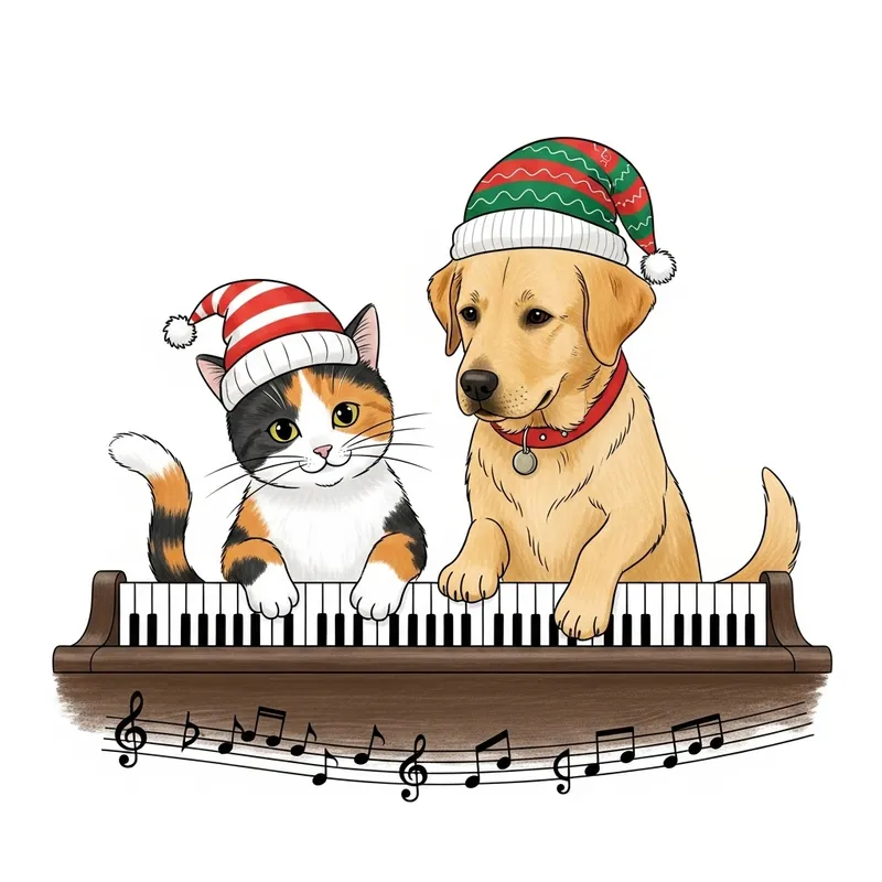 Tricolor Cat and Labrador Dog in Festive Hats Playing Piano