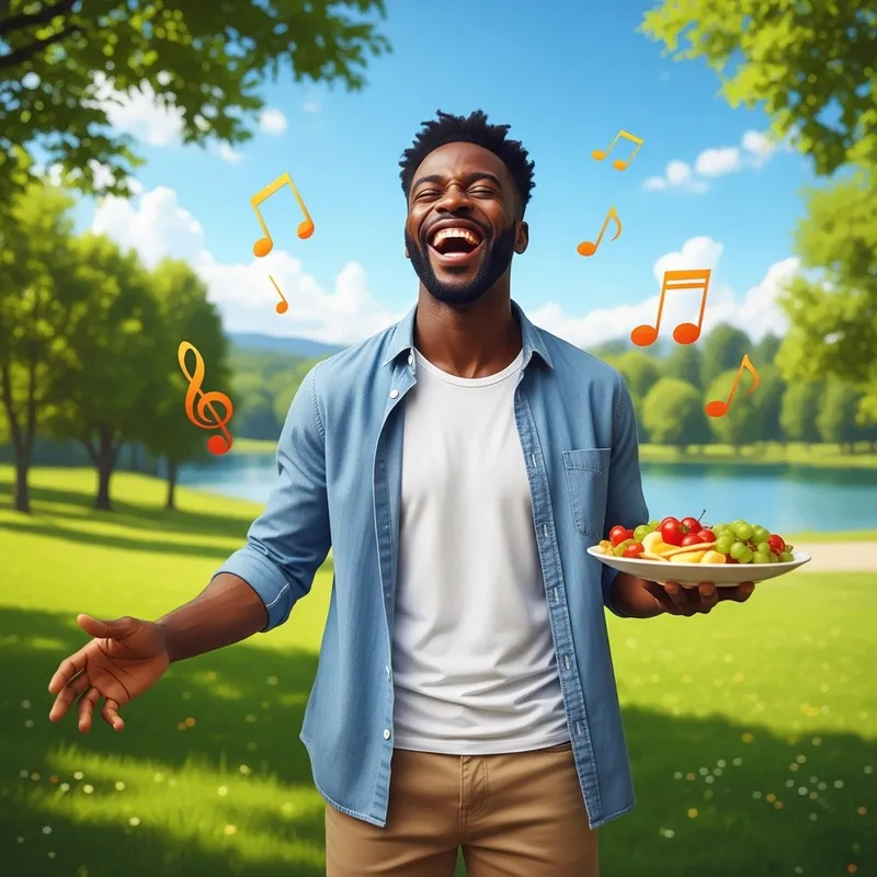 Happy Black Man Enjoying Park with Music, Food, and Laughter