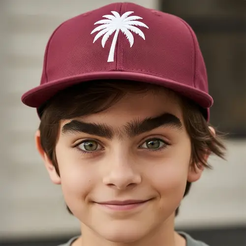 Boy with Brown Hair in Wine-Colored Cap and White Palm Tree Design