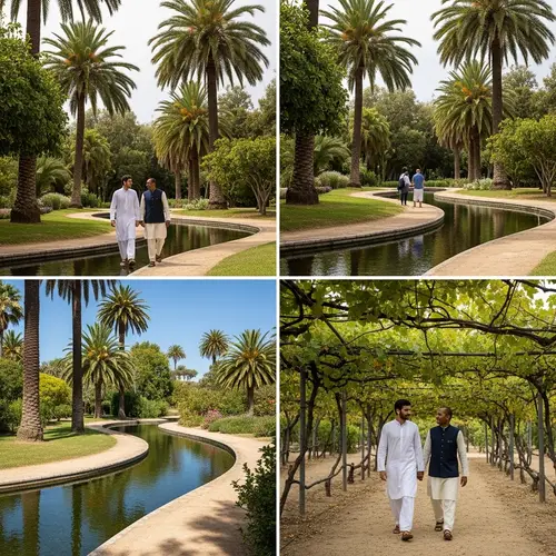 Men Walking Through Lush Gardens with Palm Trees