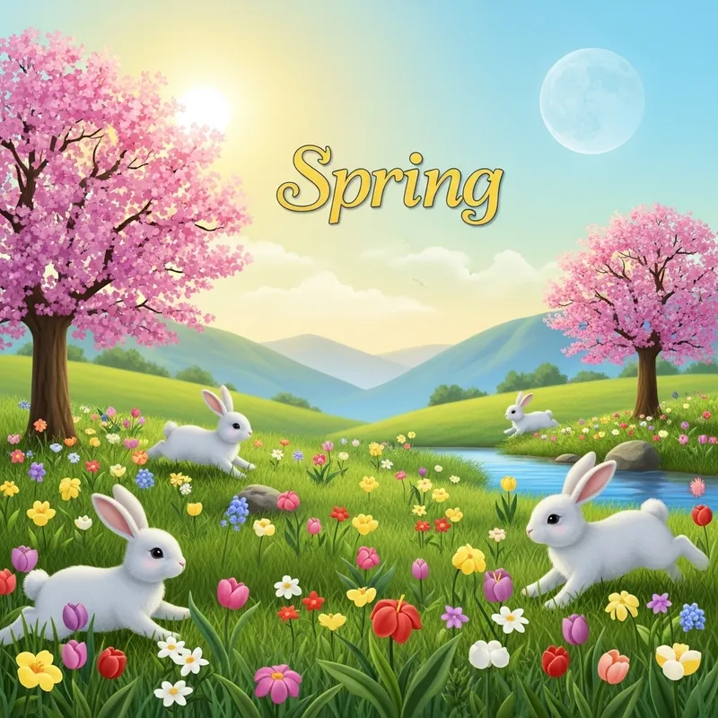 Enchanting Spring Landscape with Bunnies and Flowers