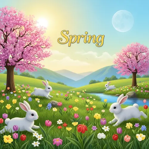 Tranquil Spring Scene with Bunnies and Plants