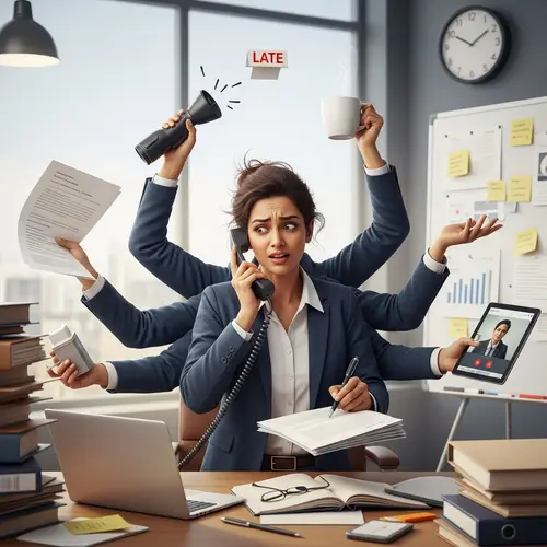 Multitasking South Asian Businesswoman Struggling with Many Tasks
