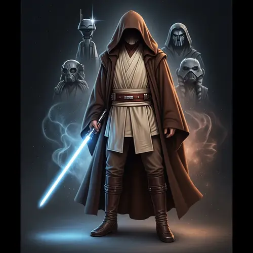 Jedi Character in Traditional Attire with a Glowing Lightsaber