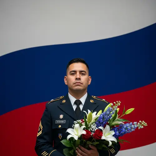 Hispanic Male Soldier Holding Bouquet of Flowers | Peace, Loyalty and Courage