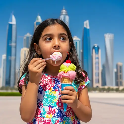 Joyful 6-Year-Old Girl Enjoying Ice Cream in Sunny Dubai