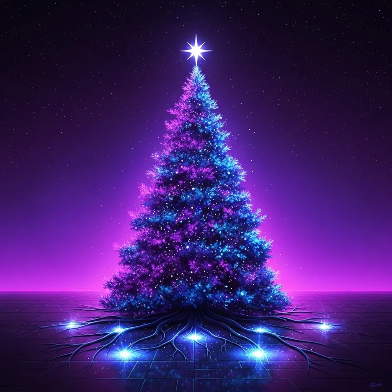 Majestic Evergreen Christmas Tree in Mystical Night Setting