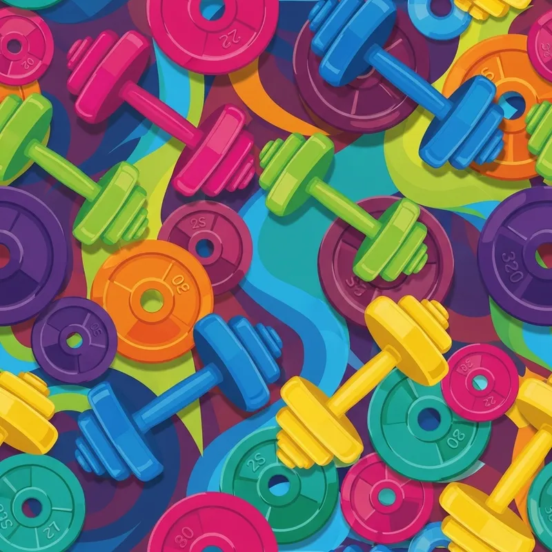 Colorful Gym Equipment Fabric Print - Vivid Dumbbells & Weight Plates Background