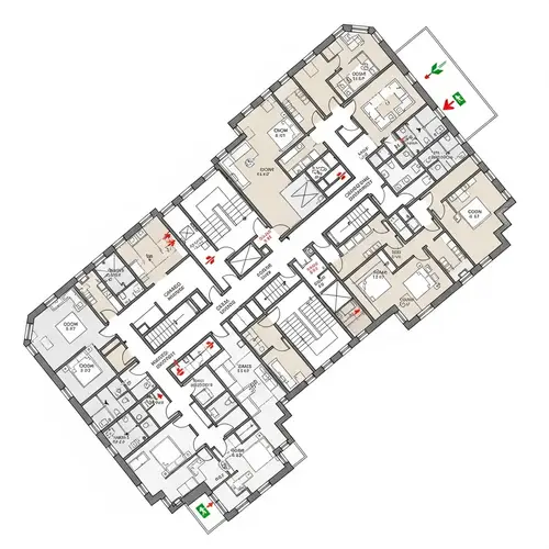 Detailed Floor Plan with Labelled Rooms, Chambers, and Emergency Exits