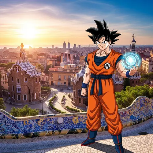 Goku in Barcelona: Mythical Energy in Sunset Cityscape