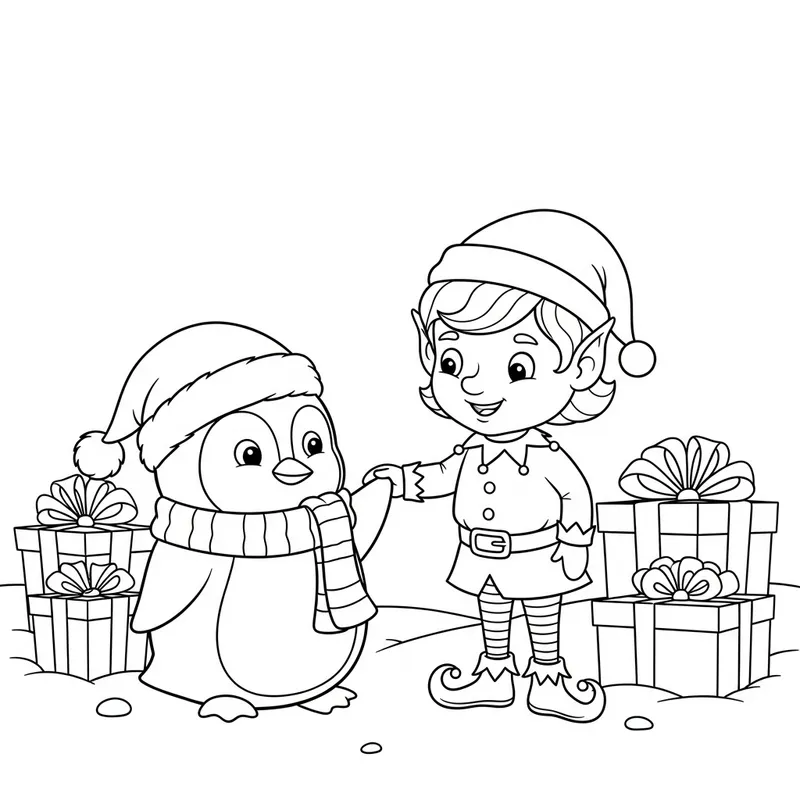 Coloring Page: Festive Penguin and Elf Coloring Sheet