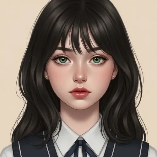 Pretty 15-Year-Old Girl with Black-Brown Hair and Green Eyes