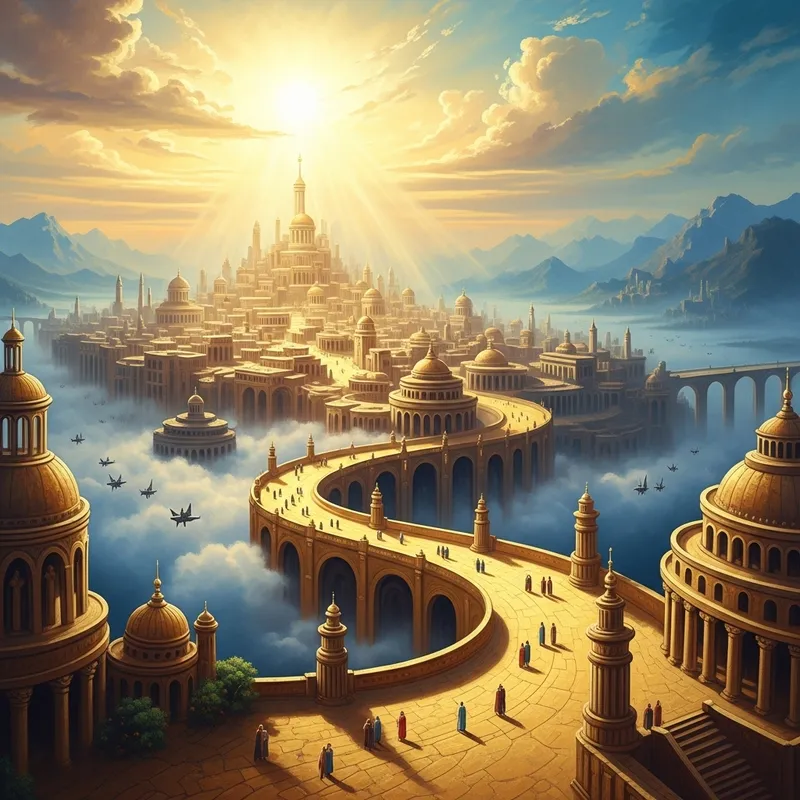 Golden Cityscape with Divine Streets | Ethereal Biblical Painting