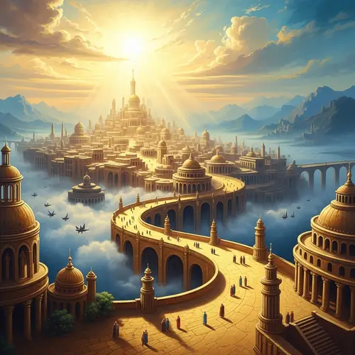 Ethereal Oil Painting of Heavenly City | Divine Cityscape in Gold and Azure
