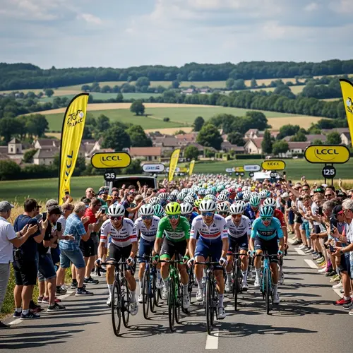 Tour de France Cyclists Racing in Diverse Group | Rural Landscape Views