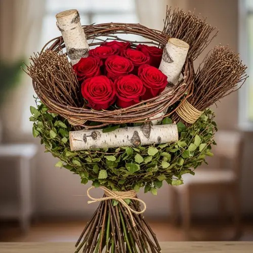 Red Roses and Birch Twig Brooms Bouquet