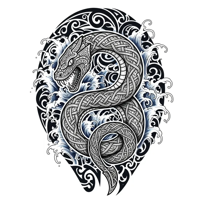 Viking Tattoo Design of Jörmungandr in Maori-Style Art