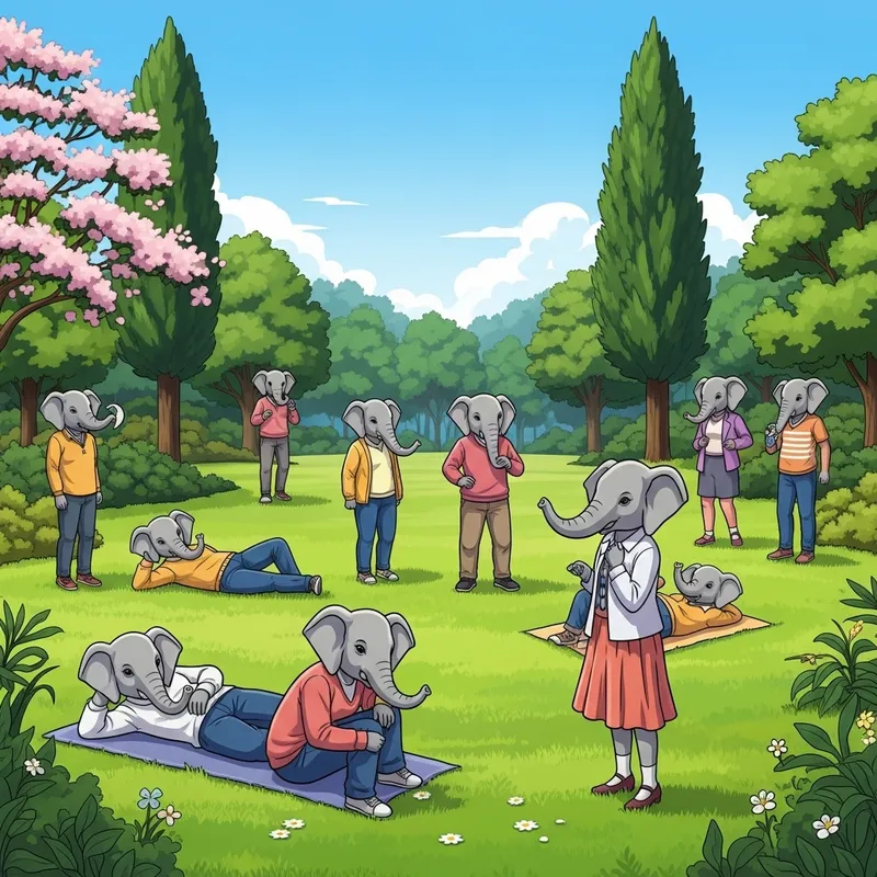 Whimsical Elephant-Headed People in Colorful Attire at Park