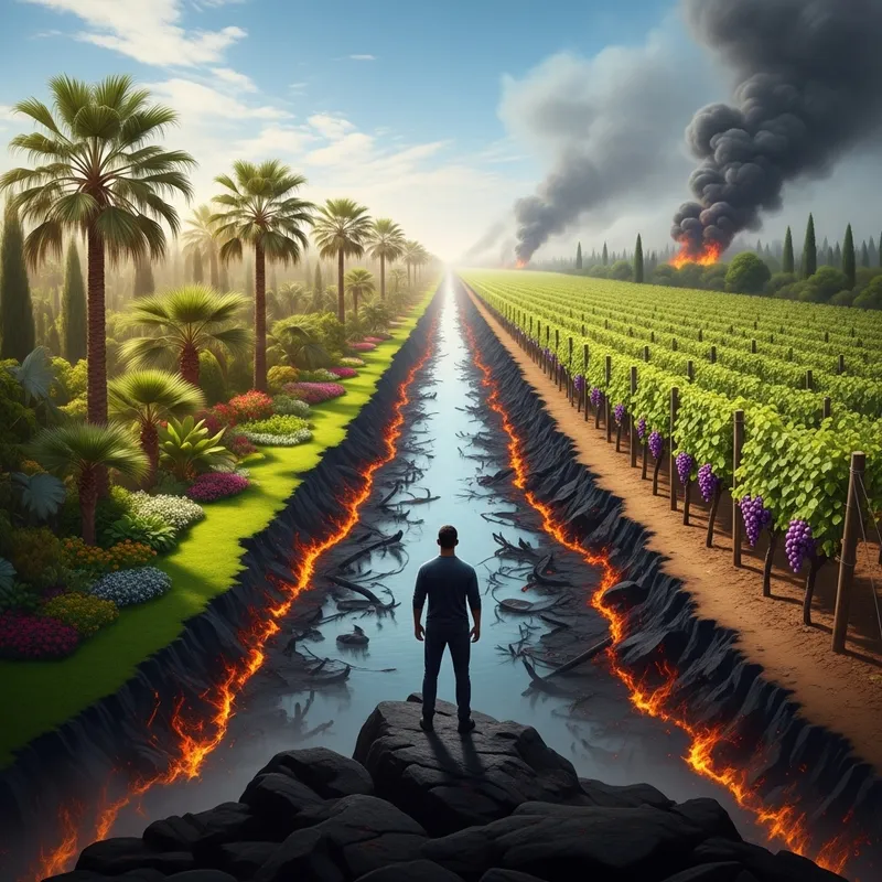 Man Gazing at Lush Gardens and Devastated Rivers