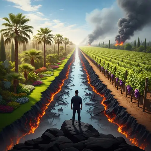 Man Gazing at Lush Gardens and Devastated Rivers