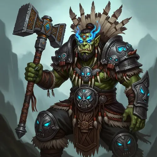 Mystical Orc Shaman with Grand Warhammer in Fantasy Landscape