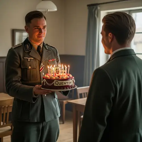 WWII German Officer Wishing Happy Birthday to Friend Quentin with Cake