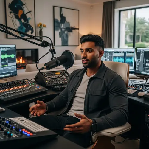 Young South Asian Entrepreneur Recording Podcast in Elegant Villa
