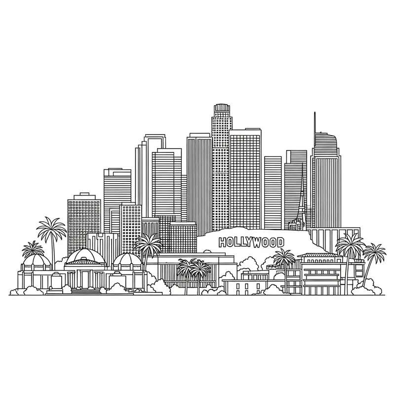Los Angeles City Silhouette in Pen Line Style Drawing