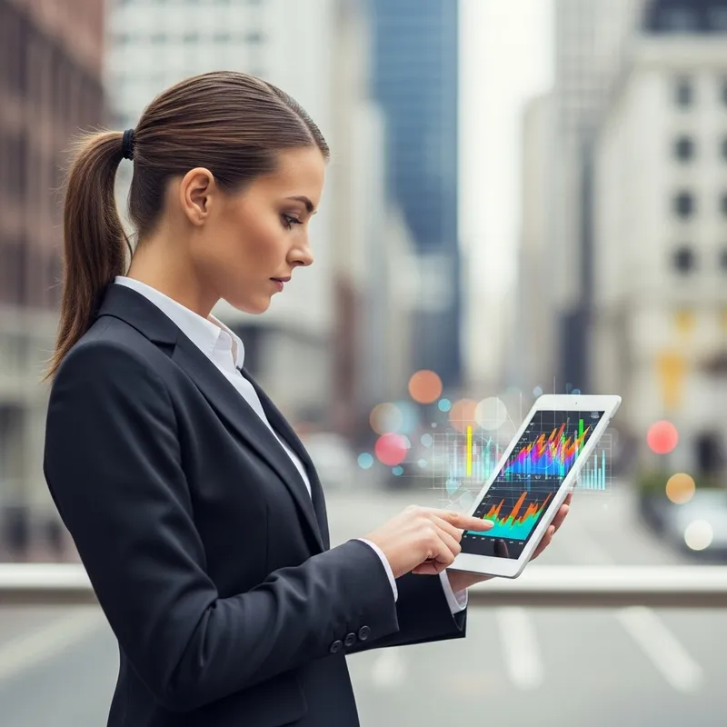 Focused Female Business Professional with Digital Tablet in Cityscape
