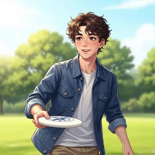 Captivating Youth in Blue Denim Jacket with Frisbee | Green Park Scene
