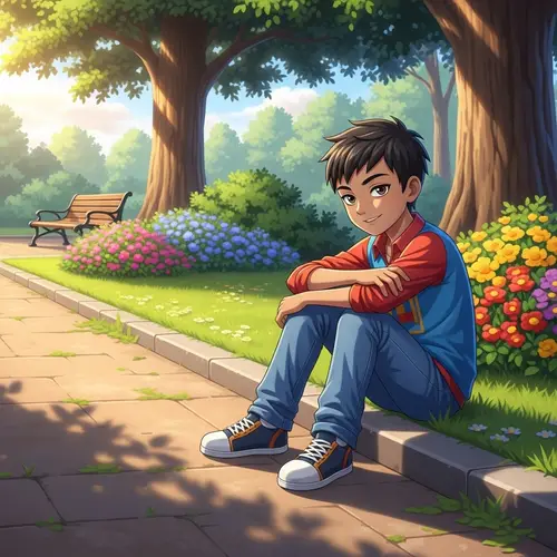 Anime Boy Sitting in a Peaceful Park
