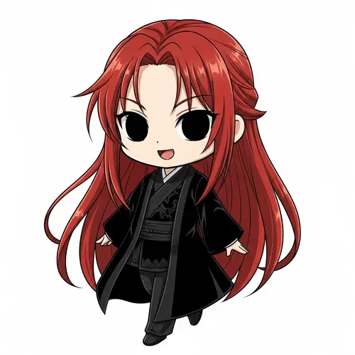 Chibi-Style Character with Striking Black Eyes and Long Red Hair