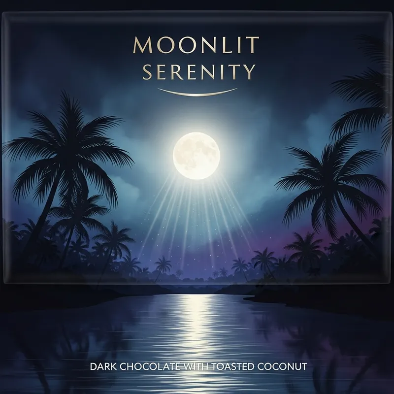 Chocolate Bar Packaging Design with Moonlit River Scene