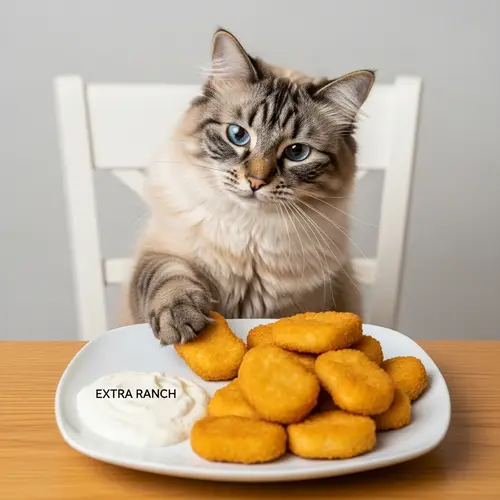 Adorable Cat Enjoying Chicken Nuggets with Extra Ranch