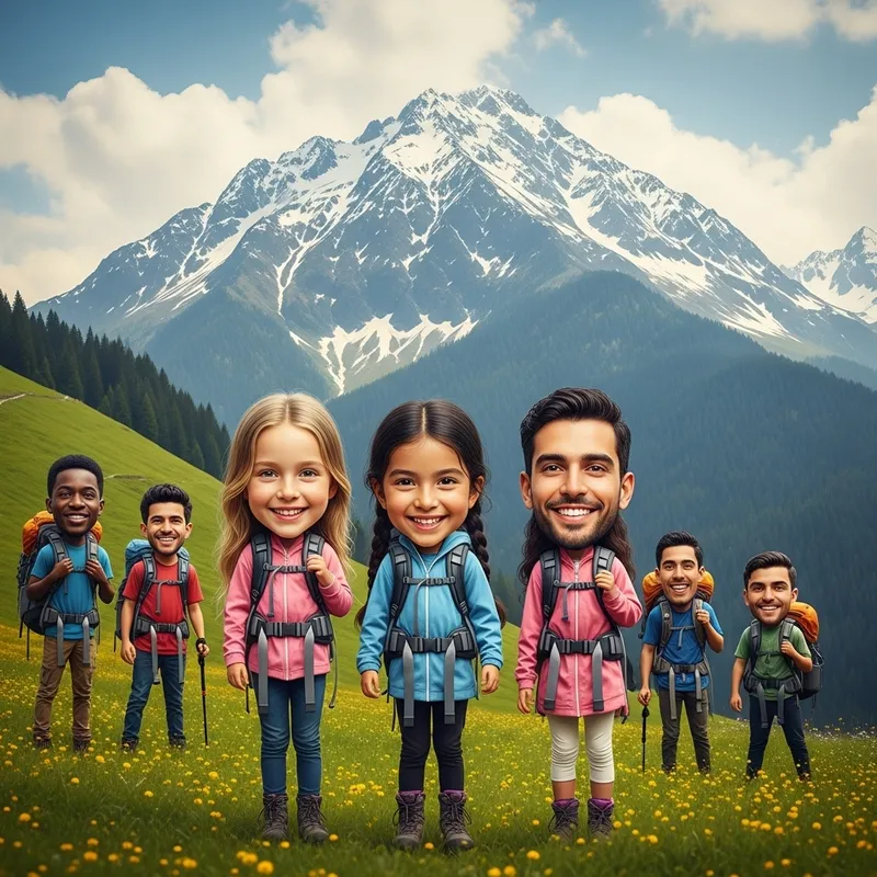 Cute Hiking Adventure: Whimsical Big-Headed Friends Cute Hiking Adventure: Whimsical Big-Headed Friends