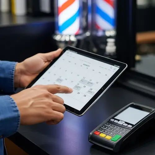 Hispanic Barber Holding Calendar on Tablet | Modern Barbershop