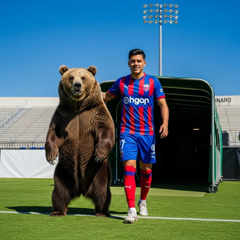 Soccer Player Embracing Bear in Stadium Tunnel