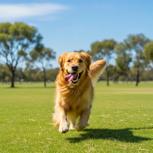 Energetic Golden Retriever Running in Lush Park | Dog Photography