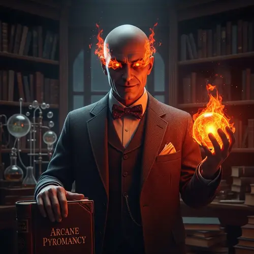 Sinister Caucasian Male Professor with Flaming Eyes