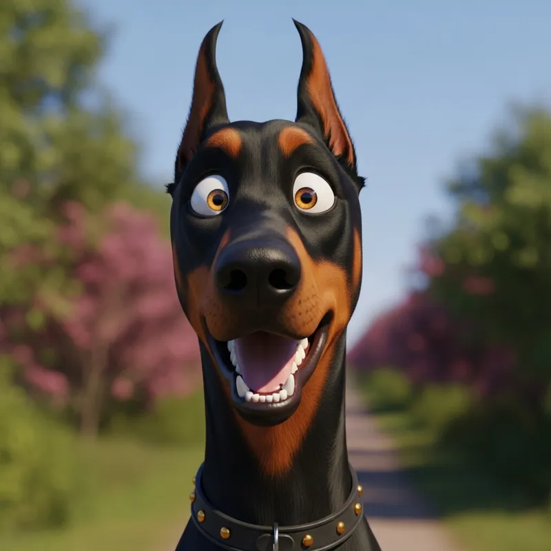 Adorable Doberman with Crazy Face in Vibrant 3D Pixar Style