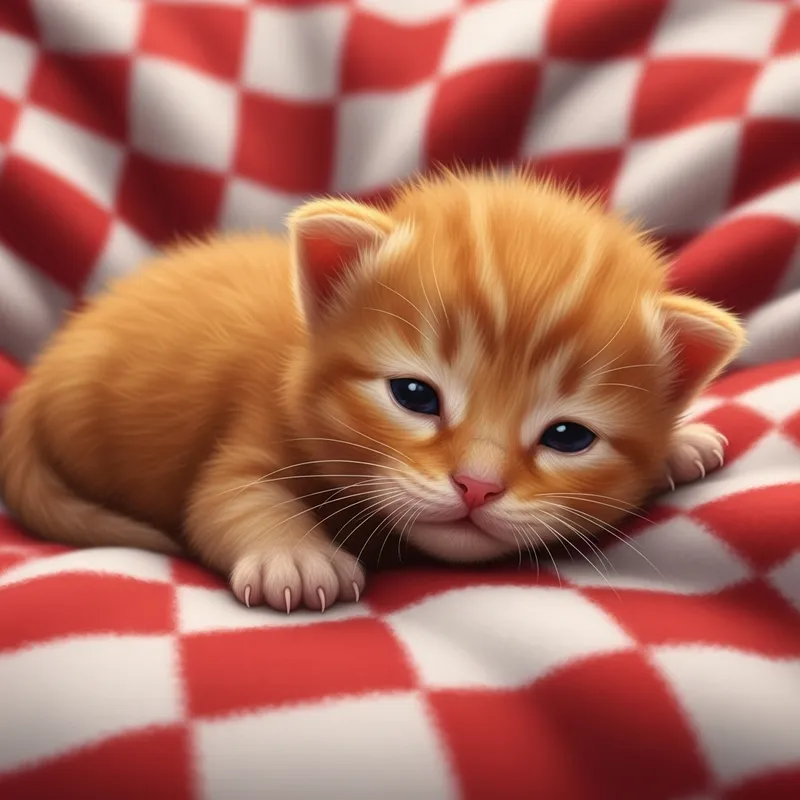 Adorable Newborn Orange Kitten on Checkered Blanket